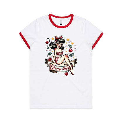 A white women's ringer tee with a Cherry Bomb pinup design featuring a character with stars and a red bow.