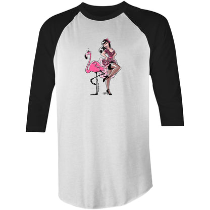 A white raglan baseball t-shirt featuring a retro-style graphic of a pin-up girl sitting on a pink flamingo. The shirt has black raglan sleeves and a black collar, with the graphic printed on the front.