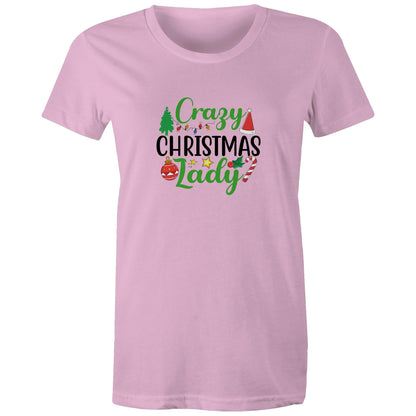 A women's t-shirt with a printed image of a Christmas tree on the front, resembling a car, on a marled background.