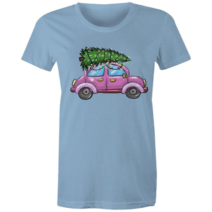 women's t-shirt with a printed image of a Christmas tree on the front, resembling a car, on a marled background.
