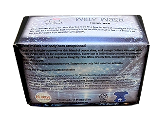 A boxed product labeled 'WILLY WASH' with a dark, mostly black and gray package and visible product information printed on the front and back.