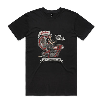 A black graphic print featuring a retro-style illustration of a woman in a leather outfit riding a red motorcycle, with banners reading 'Indian Motorcycle', 'The Tribe', and '120th Anniversary'.