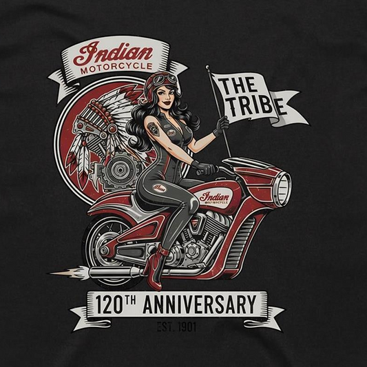 A black graphic print featuring a retro-style illustration of a woman in a leather outfit riding a red motorcycle, with banners reading 'Indian Motorcycle', 'The Tribe', and '120th Anniversary'.