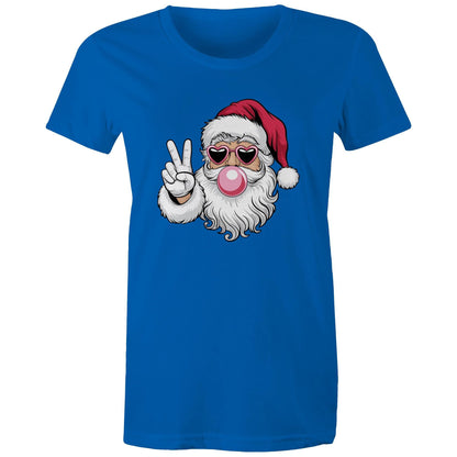 A red women's maple tee with a graphic of Santa Claus making a peace sign.
