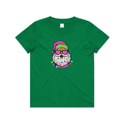 A festive embroidered Santa face design on fabric background. The Santa figure has a glittery pink Santa hat, heart-shaped pink glasses, a white beard decorated with colorful stars, and colorful Christmas lights around the bottom.