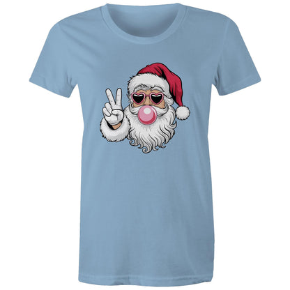 A red women's maple tee with a graphic of Santa Claus making a peace sign.