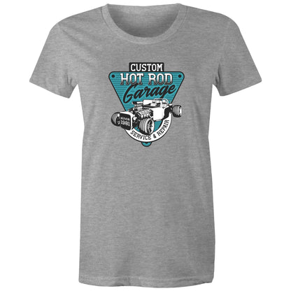 colored women's t-shirt with a 'Custom Hot Rod Garage' graphic print in the center.