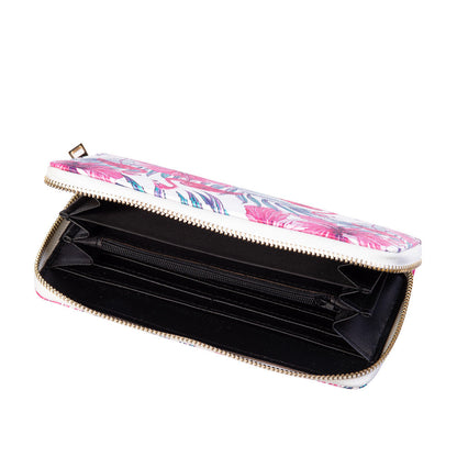 An open zip-around wallet with a pink floral patterned exterior, a black interior, and gold-tone metal zippers, shown on a plain white background.