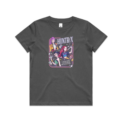 A close-up of a graphic t-shirt featuring three illustrated anime-style female characters with colorful hair and outfits, surrounded by stars and the text 'HUNTR/X'.