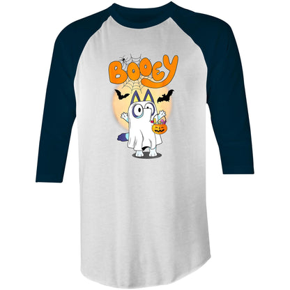 A Halloween-themed graphic print featuring a cartoon cat dressed as a ghost, holding a jack-o'-lantern candy basket, with the word 'Booey' in large orange letters above on a blue background.
