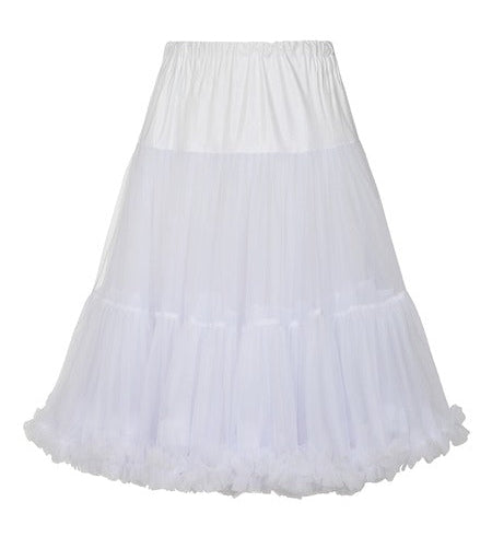 A white tiered tulle petticoat skirt with a gathered elastic waistband, shown against a plain white background.