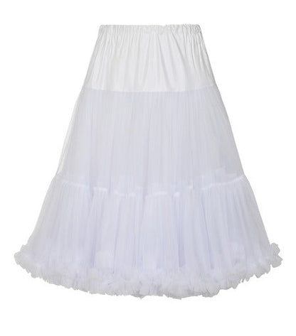 A white tiered tulle petticoat skirt with a gathered elastic waistband, shown against a plain white background.