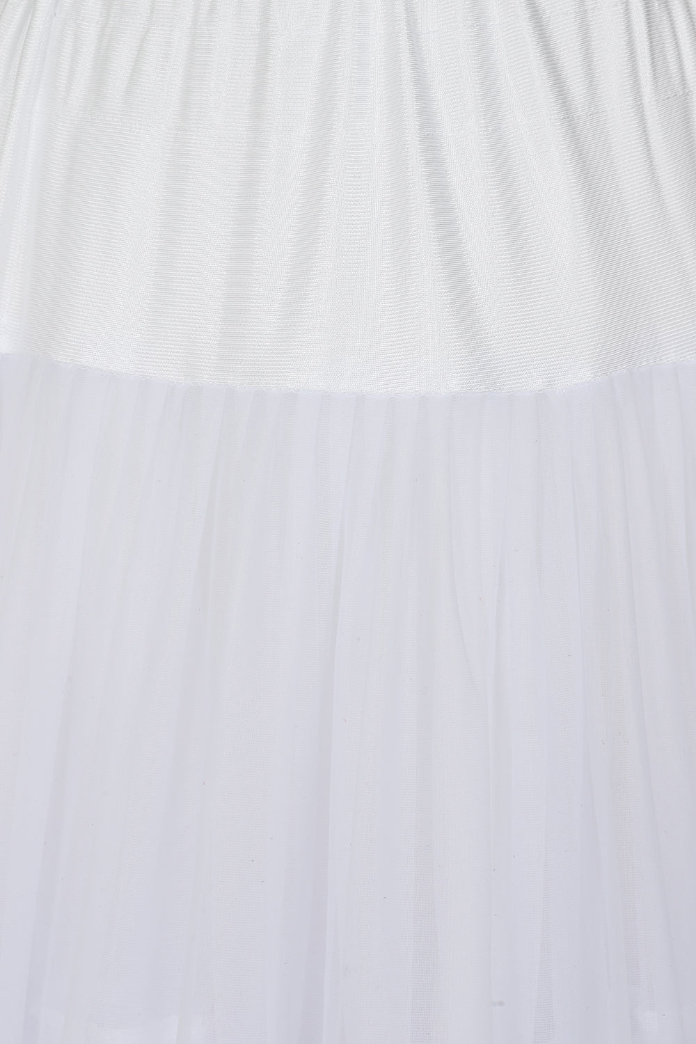 A close-up of a white sheer tulle fabric with a fine horizontal ribbed texture.