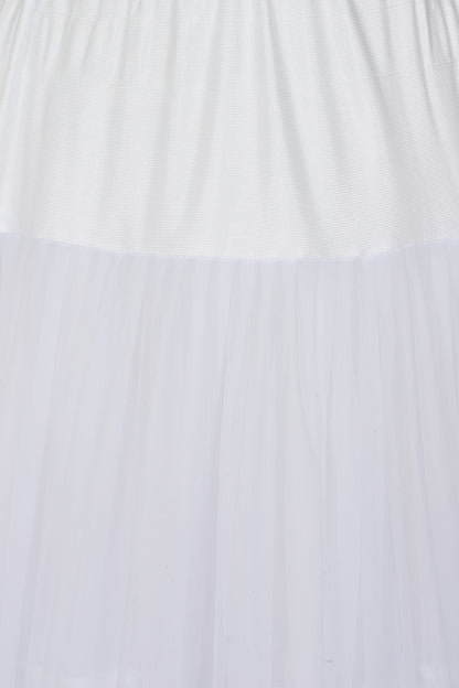 A close-up of a white sheer tulle fabric with a fine horizontal ribbed texture.