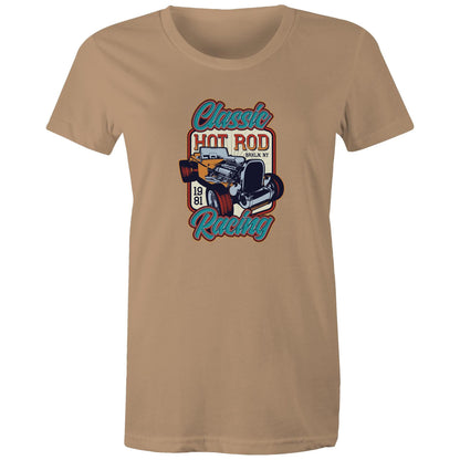 women's t-shirt with 'Classic Hot Rod' and related graphics printed on the front.