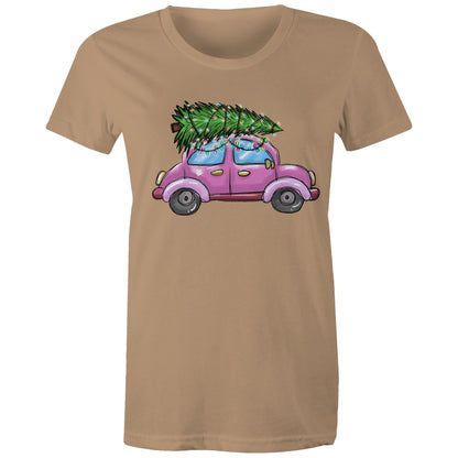 women's t-shirt with a printed image of a Christmas tree on the front, resembling a car, on a marled background.
