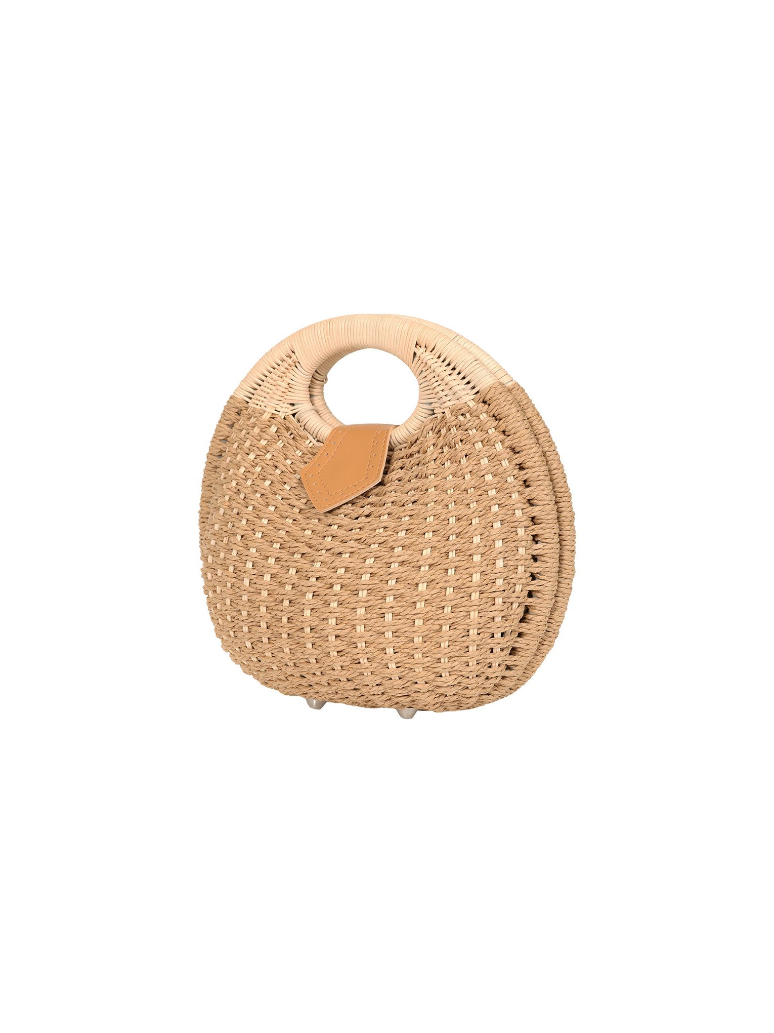 Round woven bag with a leather handle on a white background