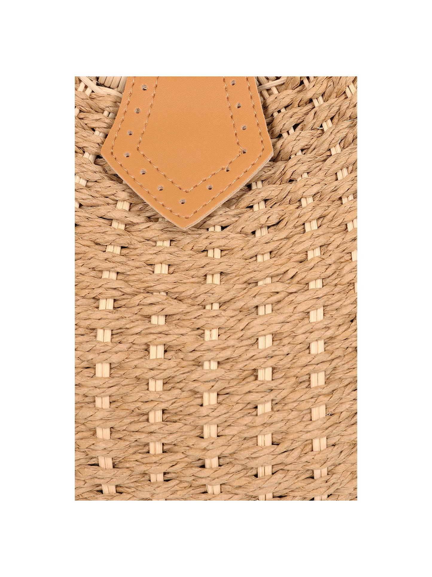 Woven pouch with a leather patch on a white background