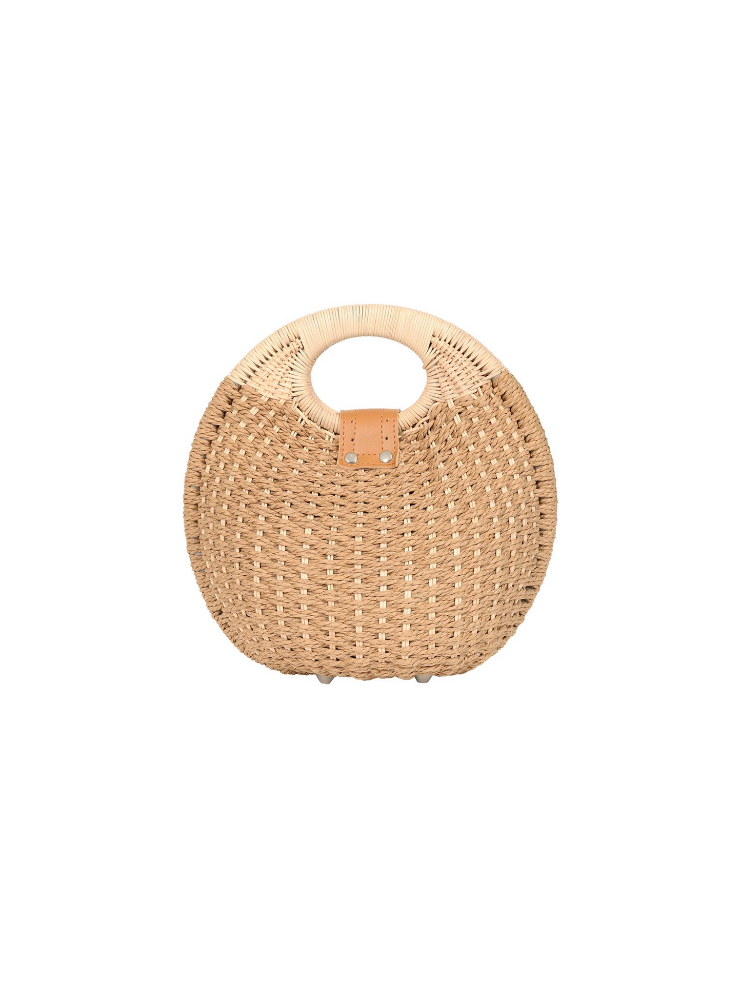 Round woven straw bag with leather handles on a white background