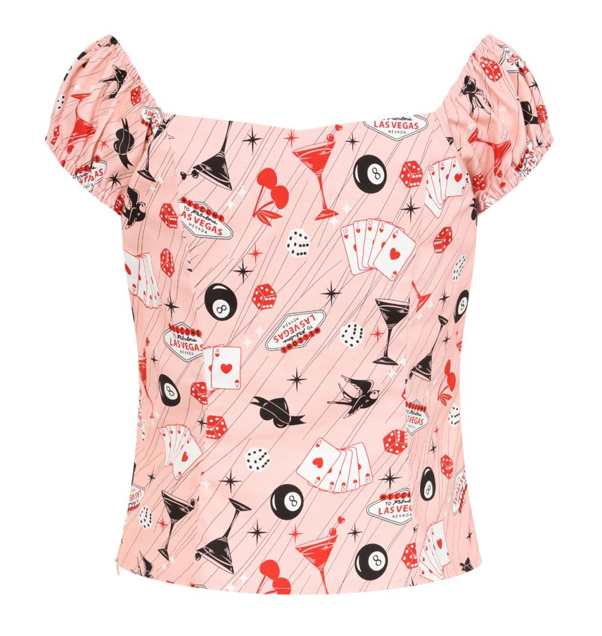 Pink off-shoulder top with black and white pattern on a white background