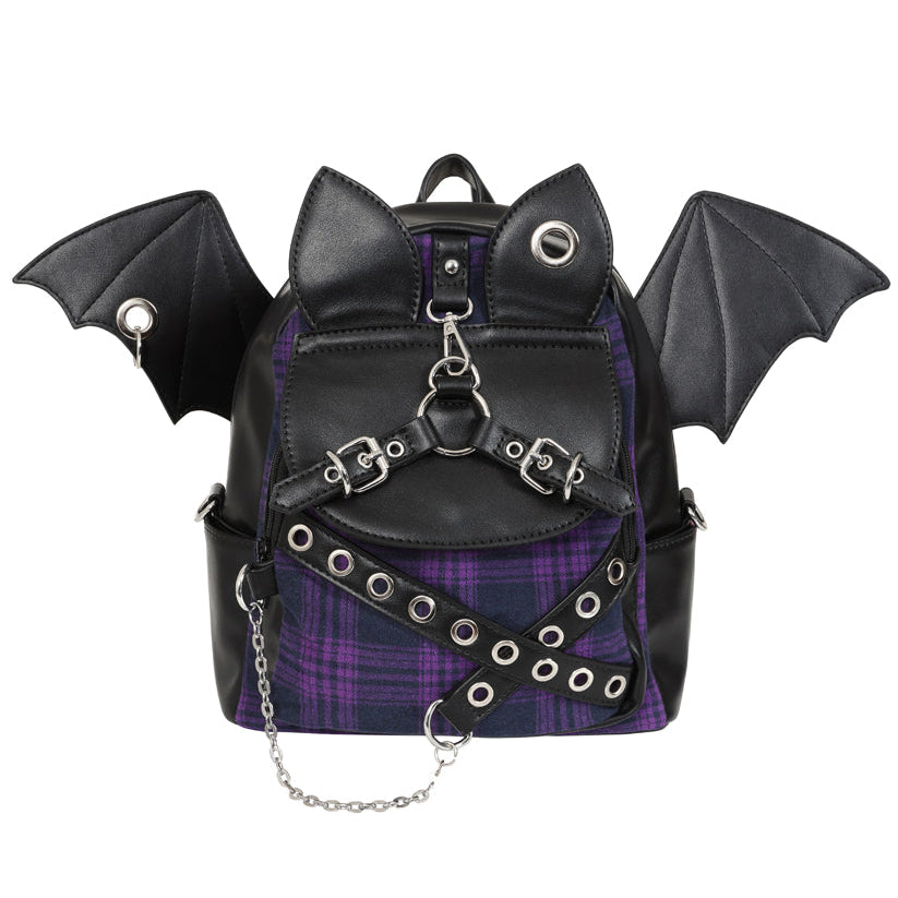 Black faux-leather backpack with bat wings, cat ears, buckle straps, silver grommets, and a purple plaid front panel, shown on a white background.