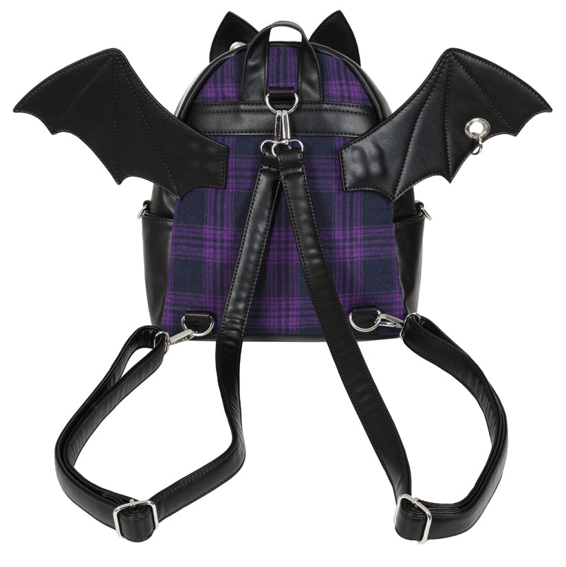 A black faux-leather backpack with bat wings and cat ears, featuring a purple and black plaid fabric back panel, shown against a plain white background.