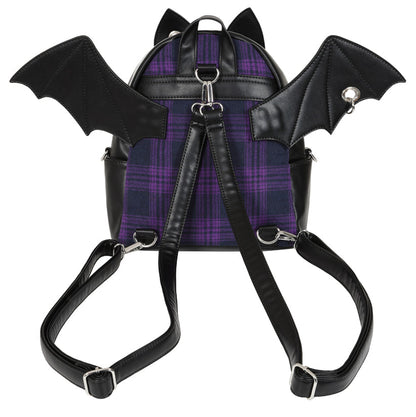 A black faux-leather backpack with bat wings and cat ears, featuring a purple and black plaid fabric back panel, shown against a plain white background.