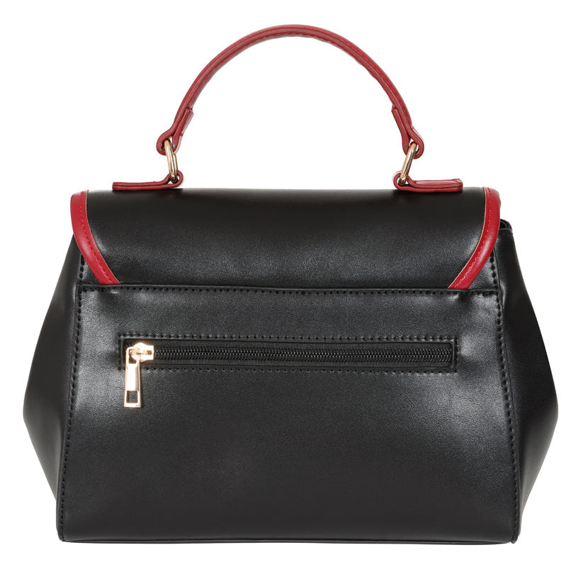 Black handbag with red accents on a white background