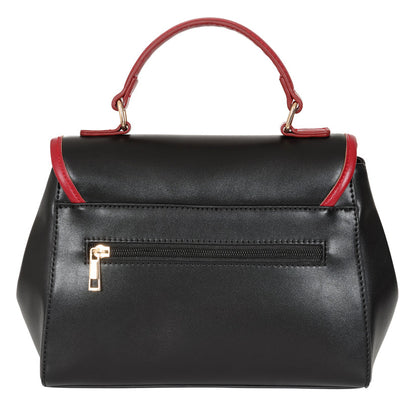 Black handbag with red accents on a white background