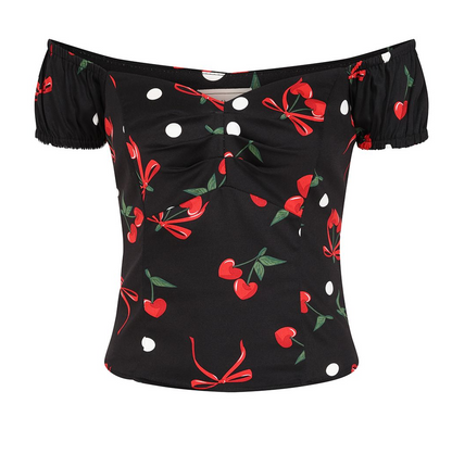 Black off-shoulder top with red cherry and bow pattern on a white background