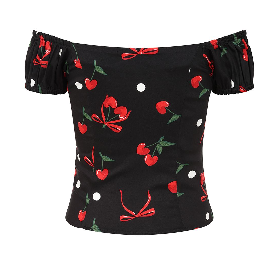 Black off-shoulder top with red cherries and bows pattern on a white background