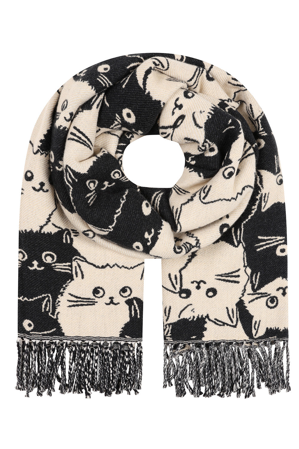 A cream-colored knit scarf with a black cat pattern and fringed ends, displayed on a solid white background.