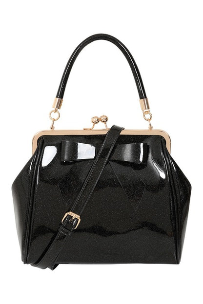 Black patent leather handbag with gold accents on a white background