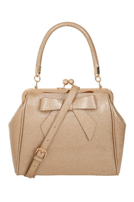 Beige handbag with a bow detail on a white background