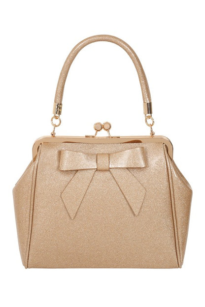 Gold handbag with a bow on a white background