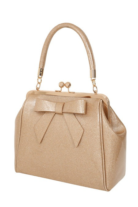 Beige handbag with a bow detail on a white background