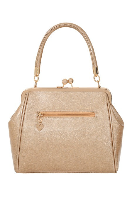 Gold handbag with a clasp on a white background