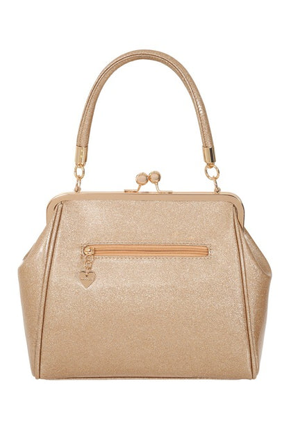 Gold handbag with a clasp on a white background