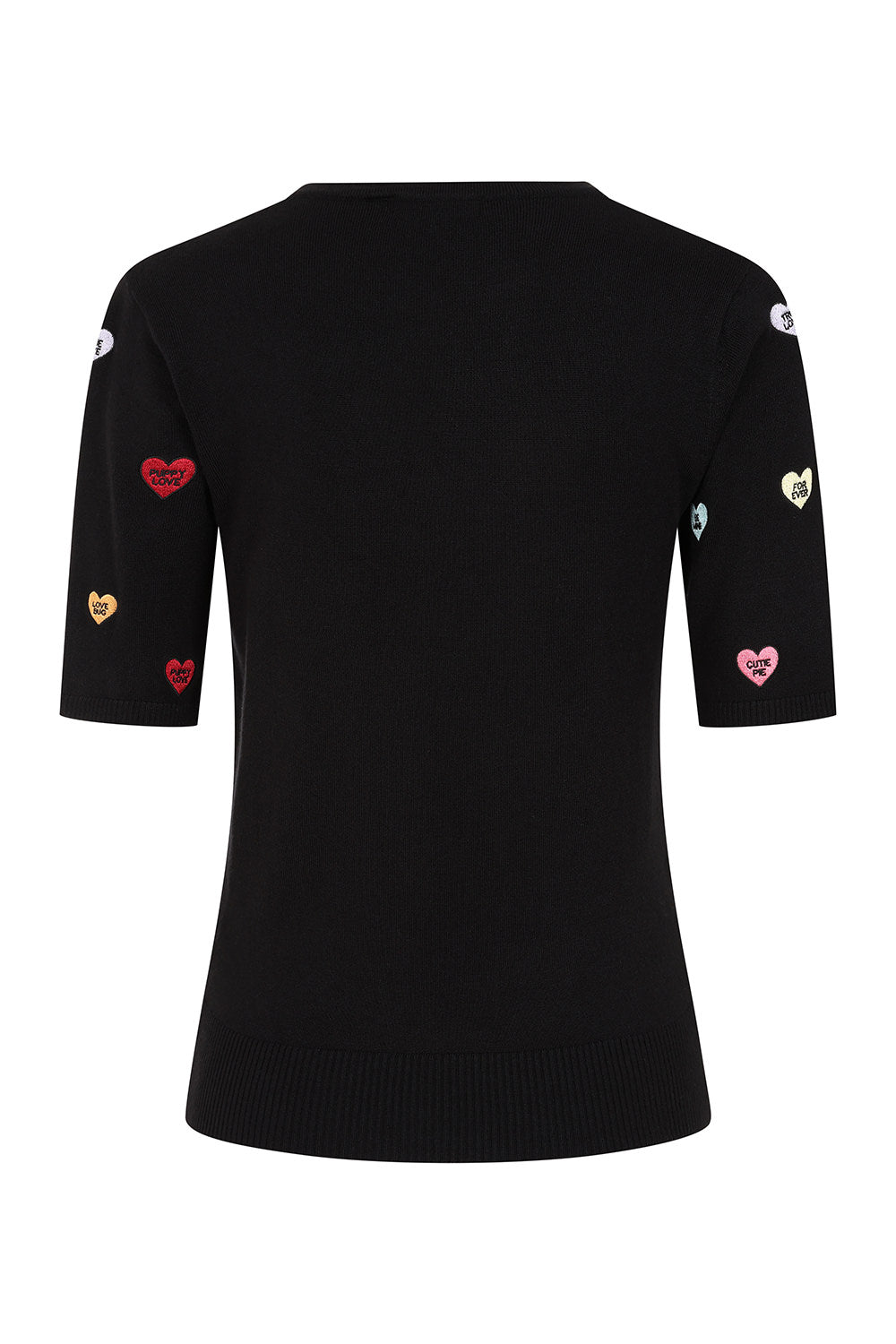 A black short-sleeve knit top with embroidered heart details in red, pink, and gold on the sleeves, shown against a plain white background.