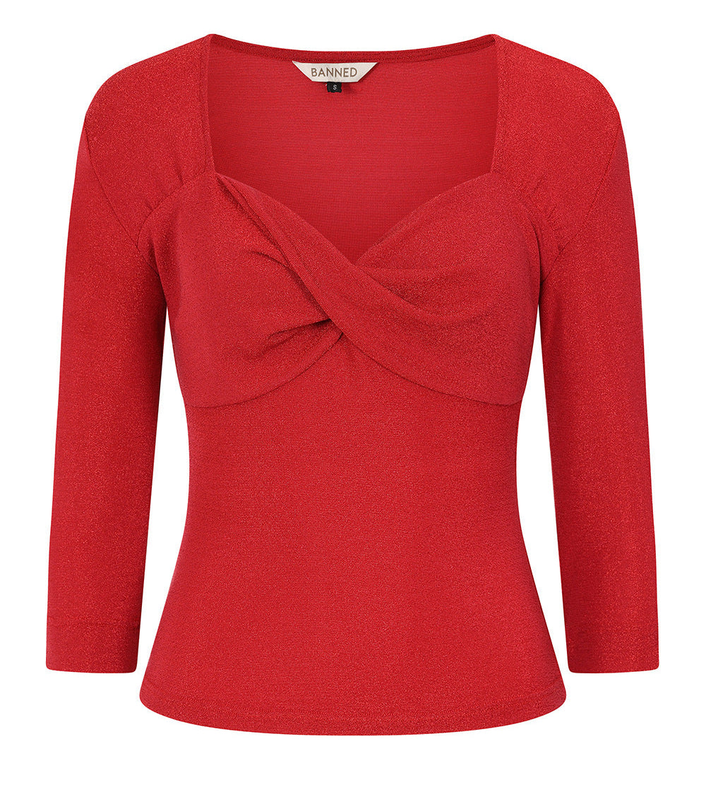 A red three-quarter sleeve top with a square neckline and a twisted front detail, shown on a plain white background.