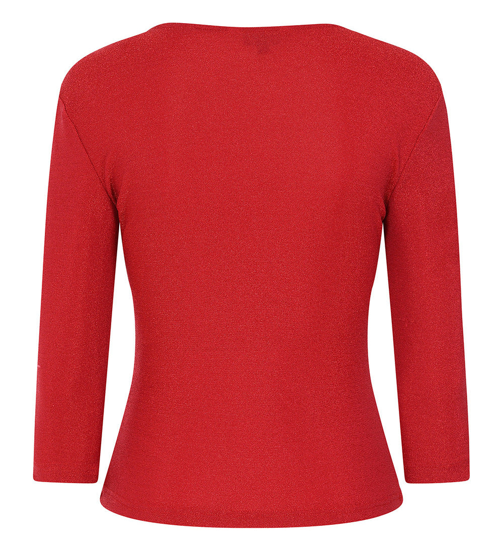 A red three-quarter sleeve top with a boat neckline, shown from the back on a plain white background.