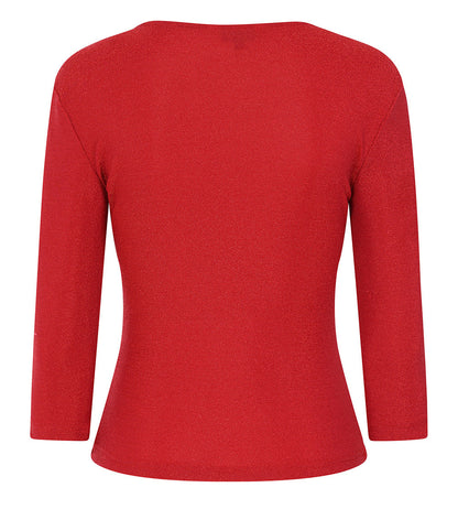 A red three-quarter sleeve top with a boat neckline, shown from the back on a plain white background.