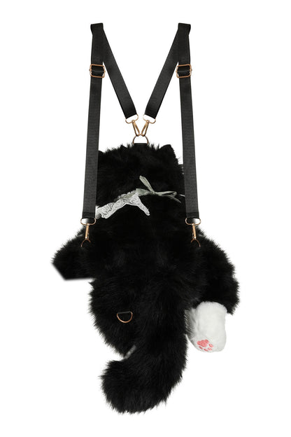 The BANNED Purrfect Mischief Backpack brings playful alternative charm to everyday styling. Designed in a soft black and white plush cat shape,