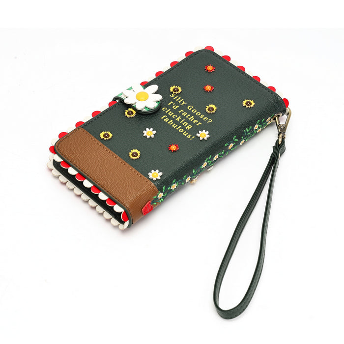 A dark green fabric wristlet clutch with a brown faux-leather panel, decorated with red pom-poms, embroidered sunflowers, daisies, and the phrase 'Dilly goorin' and 'Clothing fabulous!' in yellow thread, complete with a matching wrist strap.