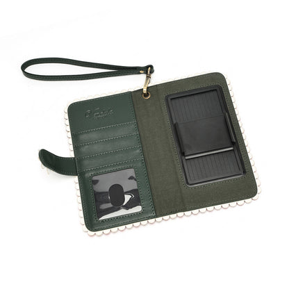 An open dark green leather wallet with a white beaded border, featuring a wrist strap, card slots, a clear ID window, and a black card holder on a white background.