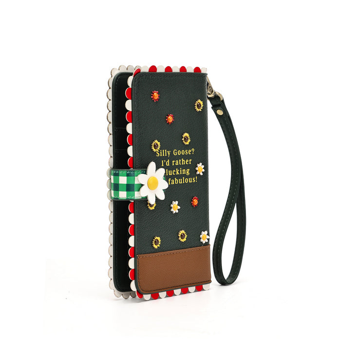 A dark green phone wallet case with a wrist strap, decorated with embroidered sunflowers, daisies, red pom-poms, a brown bottom panel, and a green-and-white checkered band with a daisy embellishment.