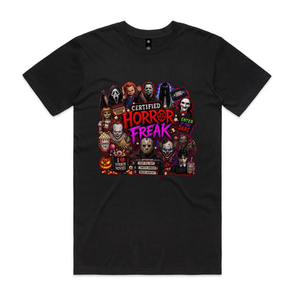 A black graphic t-shirt featuring a highly detailed, colorful collage of iconic horror movie characters and quotes, including Jason Voorhees, Michael Myers, Sally, Pennywise, Freddy Krueger, and others, with the text 'CERTIFIED HORROR FREAK'.