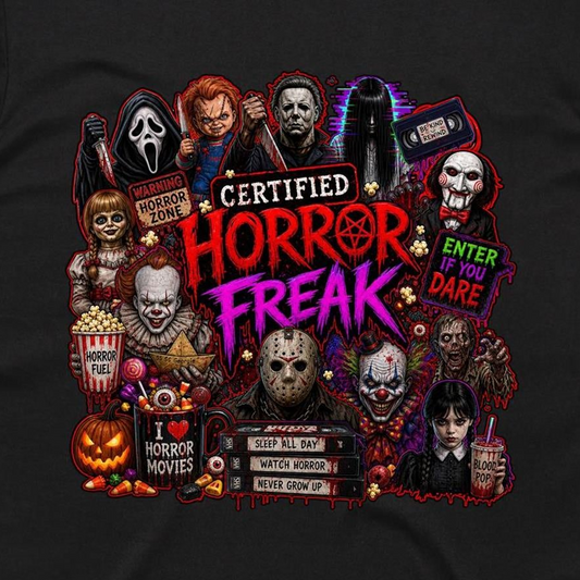 A black graphic t-shirt featuring a highly detailed, colorful collage of iconic horror movie characters and quotes, including Jason Voorhees, Michael Myers, Sally, Pennywise, Freddy Krueger, and others, with the text 'CERTIFIED HORROR FREAK'.