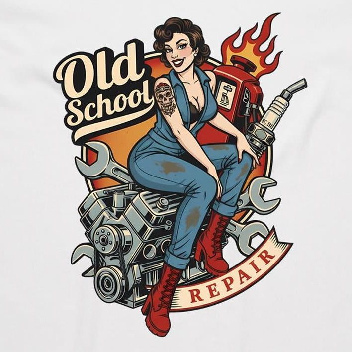 A vintage-style pin-up illustration printed on a white garment, showing a woman in blue overalls and red boots sitting on a motorcycle engine with wrenches, a gas pump, flames, and the words 'Old School' and 'REPAIR'.