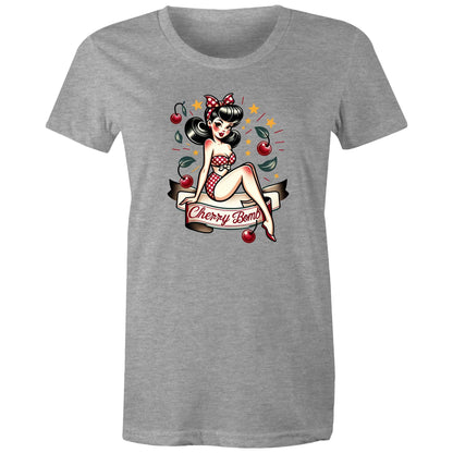 A black women's t-shirt with a printed graphic of a pinup style illustration featuring a character with a bow and stars, and the text 'Cherry Bomb'.